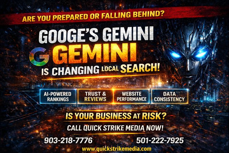 Google Gemini AI transforming local search rankings with Quick Strike Media leading AI driven SEO, Google Business Profile optimization, and digital authority strategy.